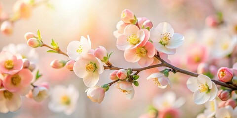 Fototapeta premium Delicate Spring Blossoms on a Sunlit Branch, Soft Pastel Hues and Gentle Light