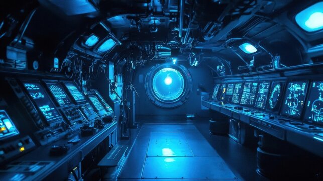 modern submarine interior with blue-tinted lighting, advanced control panels glowing in darkness, periscope view, sleek metallic surfaces reflecting emergency lights