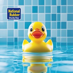 Yellow rubber duck floating in a blue tiled bathtub, reflecting in the water.