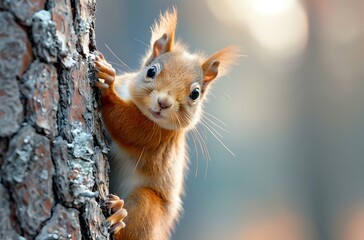 Curious red squirrel peeking from behind tree trunk with adorable expression, close-up portrait in natural forest setting. Perfect for nature magazines, wildlife blogs and children's books.
