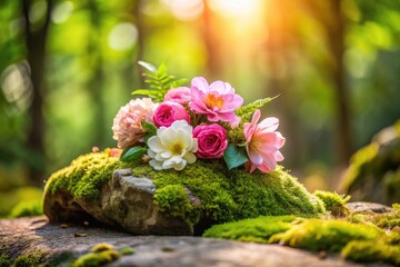 Serene springtime bouquet of delicate blossoms nestled on a mossy rock, bathed in sunlight's gentle glow