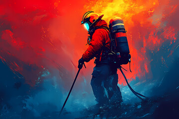 Obraz premium firefighter using radiant drones to extinguish a neon blaze