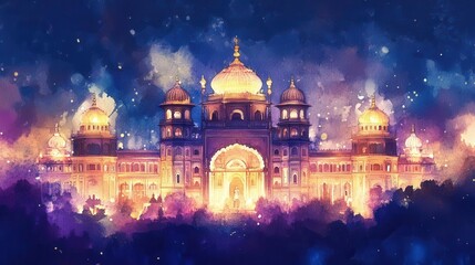 mystical watercolor illustration of mysore palace at night with luminous golden lights, rich purples and blues, ornate architectural details, and dreamy atmospheric effects