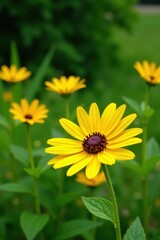 Obraz premium Yellow flowers against a backdrop of lush green foliage, helianthus salicifolius, countryside