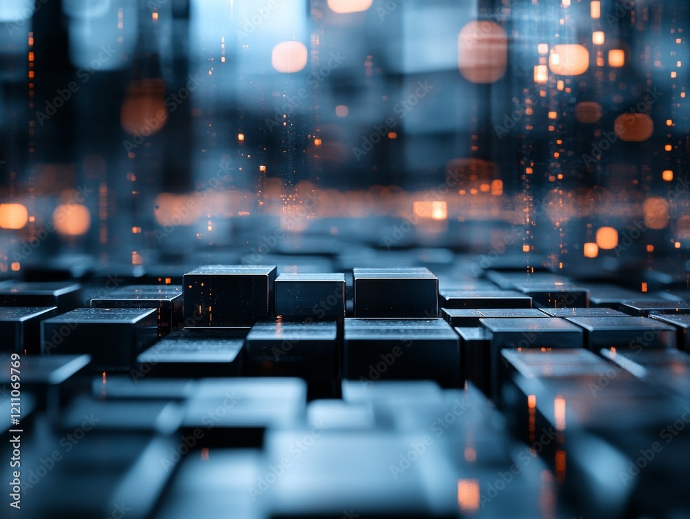 Poster abstract digital landscape featuring illuminated blocks and visual depth with soft glowing bokeh eff