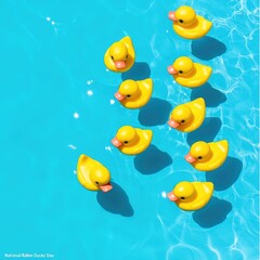 Overhead view of eight yellow rubber duckies swimming in blue water, one leading.