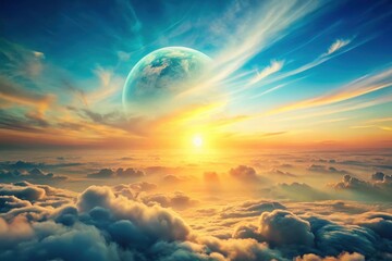 A Celestial Panorama  Golden Sunset Hues Above a Sea of Clouds with a Distant Planet