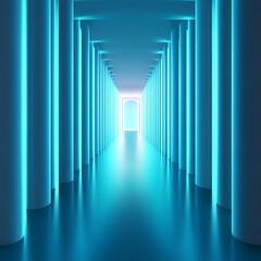 Naklejka premium Neon Lit Corridor With Cylindrical Pillars Leading To Light