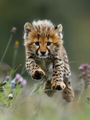Adorable baby cheetah cub leaping through wildflowers, captured in dynamic action shot. Perfect for wildlife magazines, nature publications and conservation awareness campaigns.