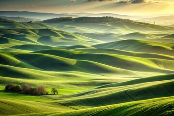Obraz premium Serene Sunrise Over Undulating Green Hills, a Pastoral Landscape of Rolling Fields and Small Trees at Dawn