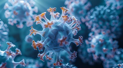 Fototapeta premium Microscopic visualization of virus cell structure in blue tones, perfect for medical publications, healthcare presentations and scientific research materials.