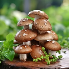 A close-up photograph of a group of mushrooms on a wooden table.