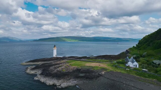 Rubha nan Gall from a drone, Tobermory Lighthouse, Tobermory, Isle of Mull, Scotland, UK