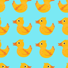 Bright yellow ducks swim in a playful pattern against a blue background in a cheerful design