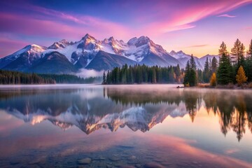 Serene Dawn Misty Lake Reflecting Majestic Snow-Capped Peaks and Golden Autumnal Trees