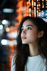 Obraz premium Woman gazing thoughtfully in a city setting with vibrant lights at night in a contemporary urban environment