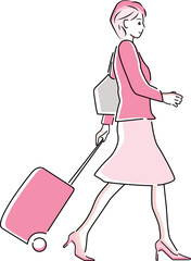 出張に向かうキャリーケースを引くビジネスウーマンのイラスト