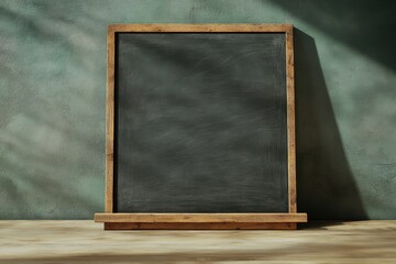 Empty Chalkboard with Wooden Frame Against Textured Wall