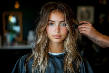 Fototapeta premium A hairdresser cutting a client’s hair in a modern salon. Creativity and skill in creating a stylish look