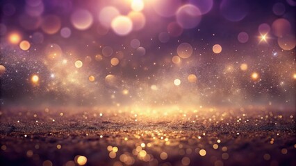 Shimmering Golden Glitter Background with Purple Bokeh Lights and Sparkling Dust