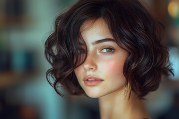 Naklejka premium A hairdresser cutting a client’s hair in a modern salon. Creativity and skill in creating a stylish look