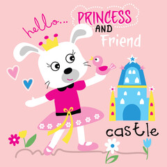 Cartoon bunny princess with crown holding a bird near a castle in a flower garden on pink background. Fairy tale and whimsical design concept
