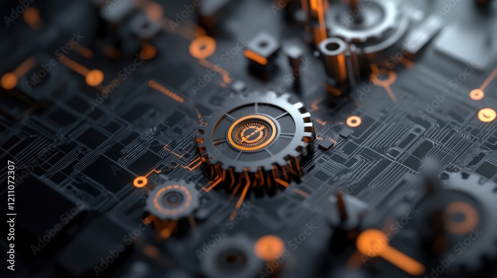 Poster Intricate Close-up of Abstract Geometric Circuit Board with Orange Highlights, Metallic Gears and Modern Technology Patterns for Digital Innovation Concepts