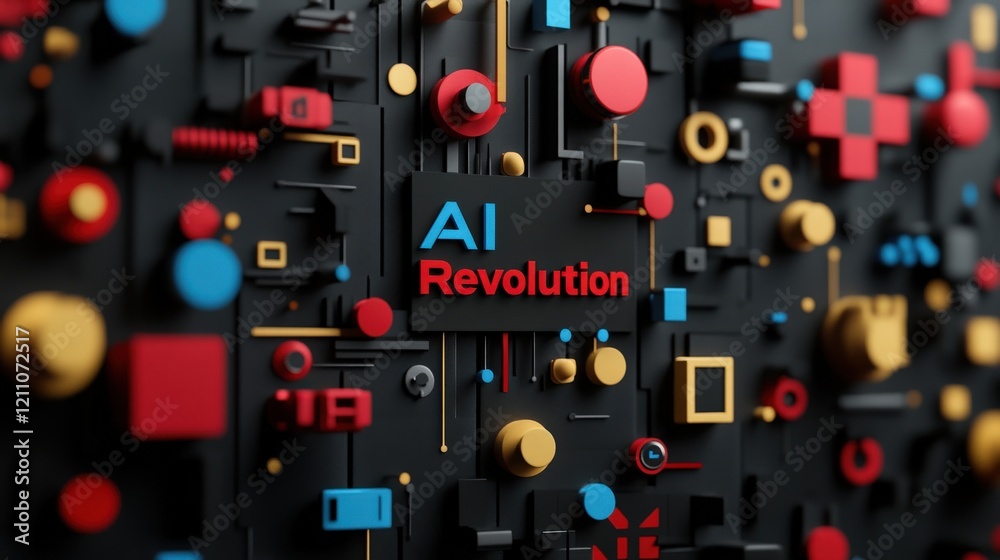 Aufkleber abstract representation of the ai revolution with vibrant geometric shapes in red, blue, and yellow 