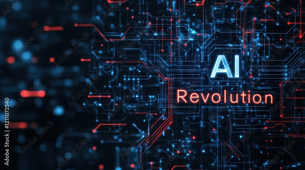 Poster Futuristic Concept of Artificial Intelligence Revolution with Bright Text Against a Dark Background Featuring Technological Circuit Patterns and Glowing Elements
