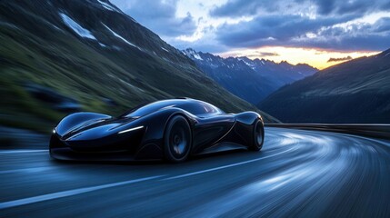Naklejka premium sleek electric sports car in metallic midnight blue navigating a curved mountain road at twilight, with motion blur and dramatic lighting
