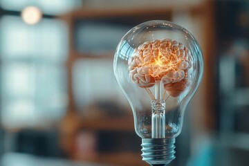 Light bulb with intricate brain design symbolizes creativity and innovation in a modern workspace