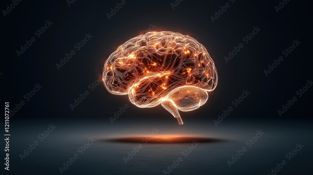 Aufkleber Futuristic Digital Brain Representation with Glowing Neural Connections Illustrating Concepts of Intelligence, Technology, Innovation, and Neuroplasticity in a Dark Studio Environment
