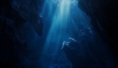 Sunbeams illuminate underwater cave's dark depths.