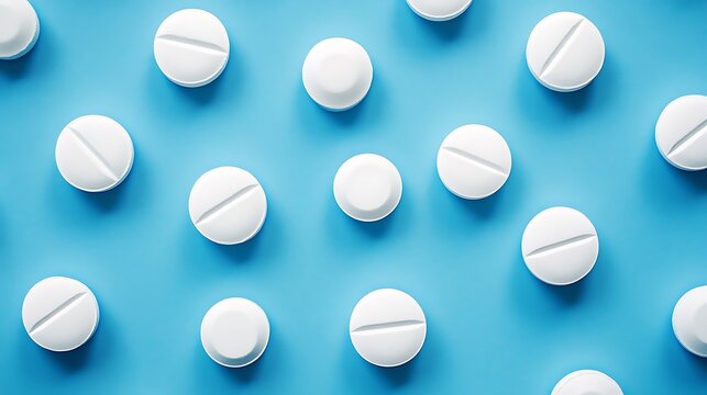 White pills on blue background. Top view