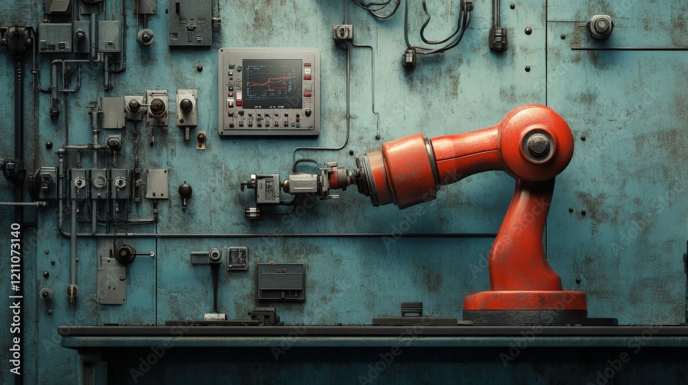 Poster industrial robotic arm operating in a blue workshop setting with equipment and control panel on wall