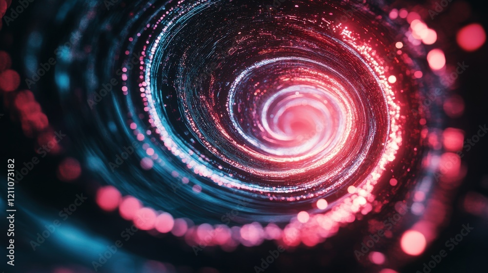 Poster Abstract cosmic swirl of vibrant light particles creating a captivating vortex pattern with dynamic red and blue hues against a dark backdrop for creative projects