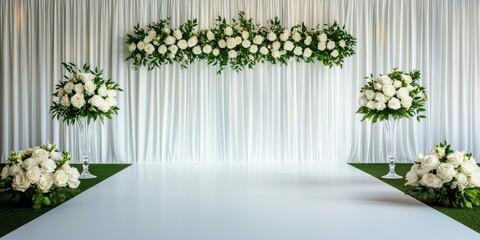 Elegant wedding ceremony backdrop with white roses and greenery decorations on a white curtain background.
