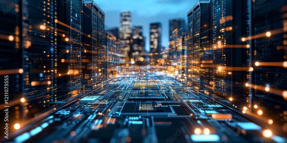 Poster technology infrastructure illuminated at dusk with vibrant data patterns flowing through a cityscape