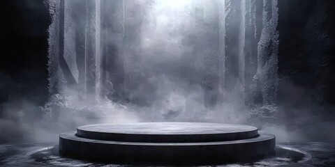 A sleek black concrete podium stands ready for display.