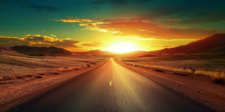 The lonely pathway through the desert offers a serene sunset view.