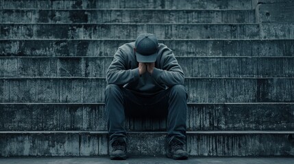 Young man sitting alone on steps, expressing deep emotion