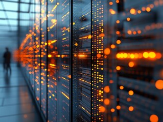 Data center illuminated by glowing connections, showcasing advanced technology in a modern computing environment