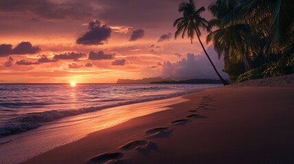 Serene sunset on a tropical beach with footprints in the sand