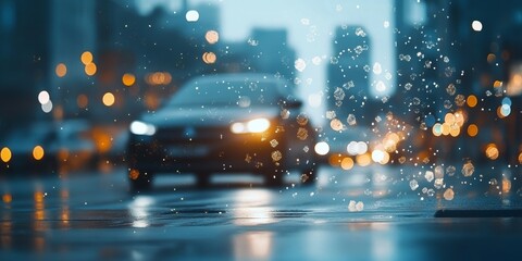 Fototapeta premium Rainy urban evening with car driving through puddles and blurred city lights in the background