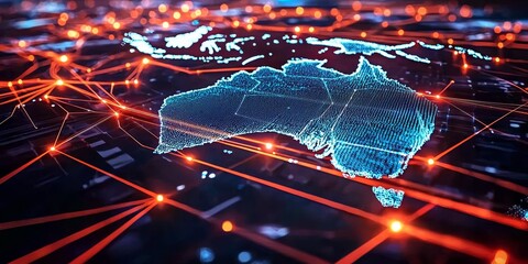 Blue abstract digital representation of Australia featuring intricate lines and dots.