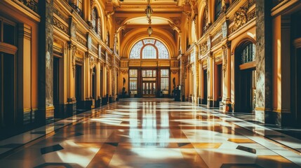 Obraz premium Grand Hallway Interior Architectural Marvel: Sunlight Illuminates Opulent Palace