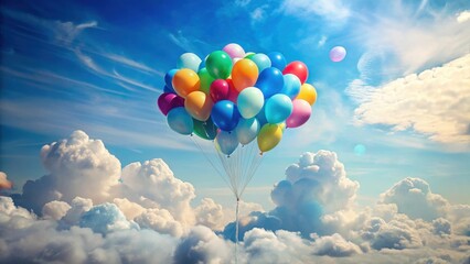 Fototapeta premium A whimsical cluster of vibrant balloons ascends through a breathtaking expanse of fluffy white clouds and a cerulean sky, creating a joyful and uplifting scene.