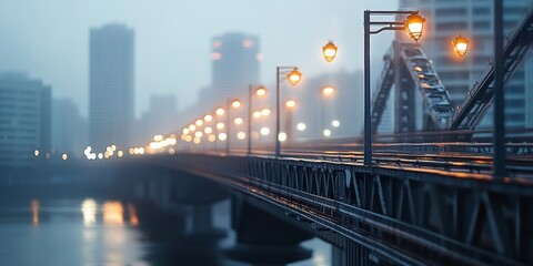 City bridge illuminated under foggy conditions during twilight with reflections in the water