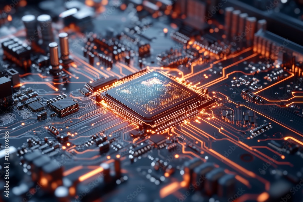 Poster close-up view of a computer circuit board highlighting a central processing unit