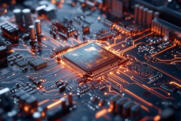 Close-up view of a computer circuit board highlighting a central processing unit